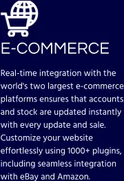 E-COMMERCE Real-time integration with the world's two largest e-commerce platforms ensures that accounts and stock are updated instantly with every update and sale. Customize your website effortlessly using 1000+ plugins, including seamless integration with eBay and Amazon.